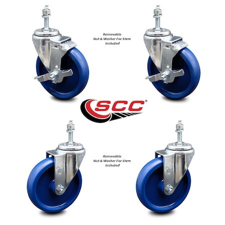 Service Caster 5 Inch Solid Polyurethane Wheel Swivel 3/8 Inch Threaded Stem Caster Brake, 2PK SCC-TS20S514-SPUS-381615-2-TLB-2
